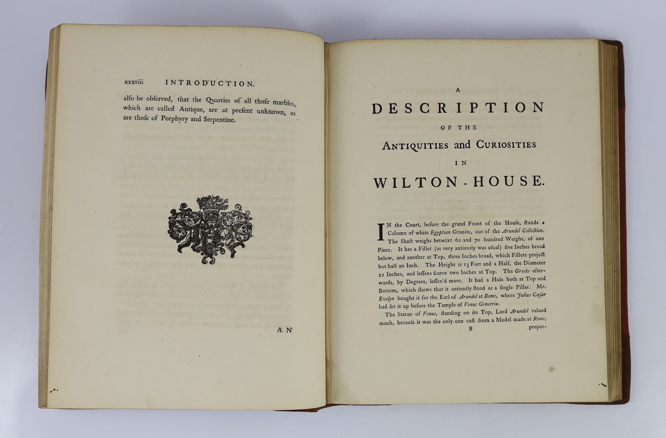 WILTS: A Description of the Antiquities and Curiosities in Wilton-House ... new edition. 25 plates, text decorations, half title; 20th cent. half calf and cloth, with black label, roy.4to. Sarum, 1786
